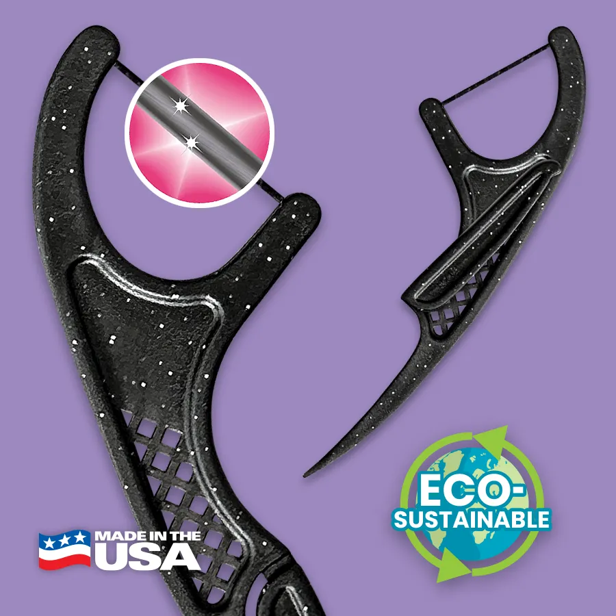 Charcoal + Mint Eco-Sustainable Flossers with an "ECO-Sustainable" symbol and Made in USA logo