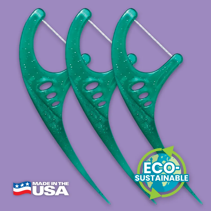 Row of three Mint Eco-Sustainable Flossers with an "ECO-Sustainable" symbol and Made in USA logo