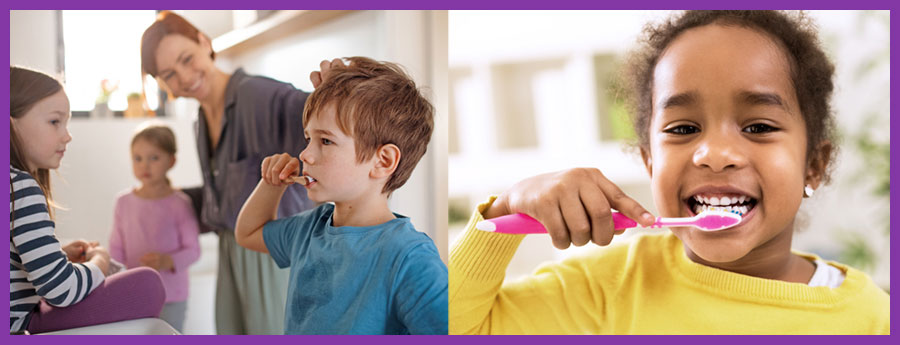 Two photos of young kids brushing their teeth