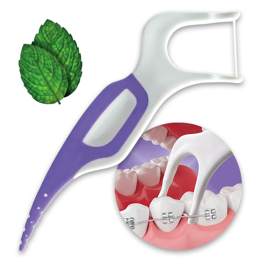BrightWorks Ortho Flosser with inset image of braces being cleaned and mint leaves