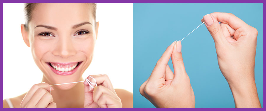 Two photos of how to hold dental floss